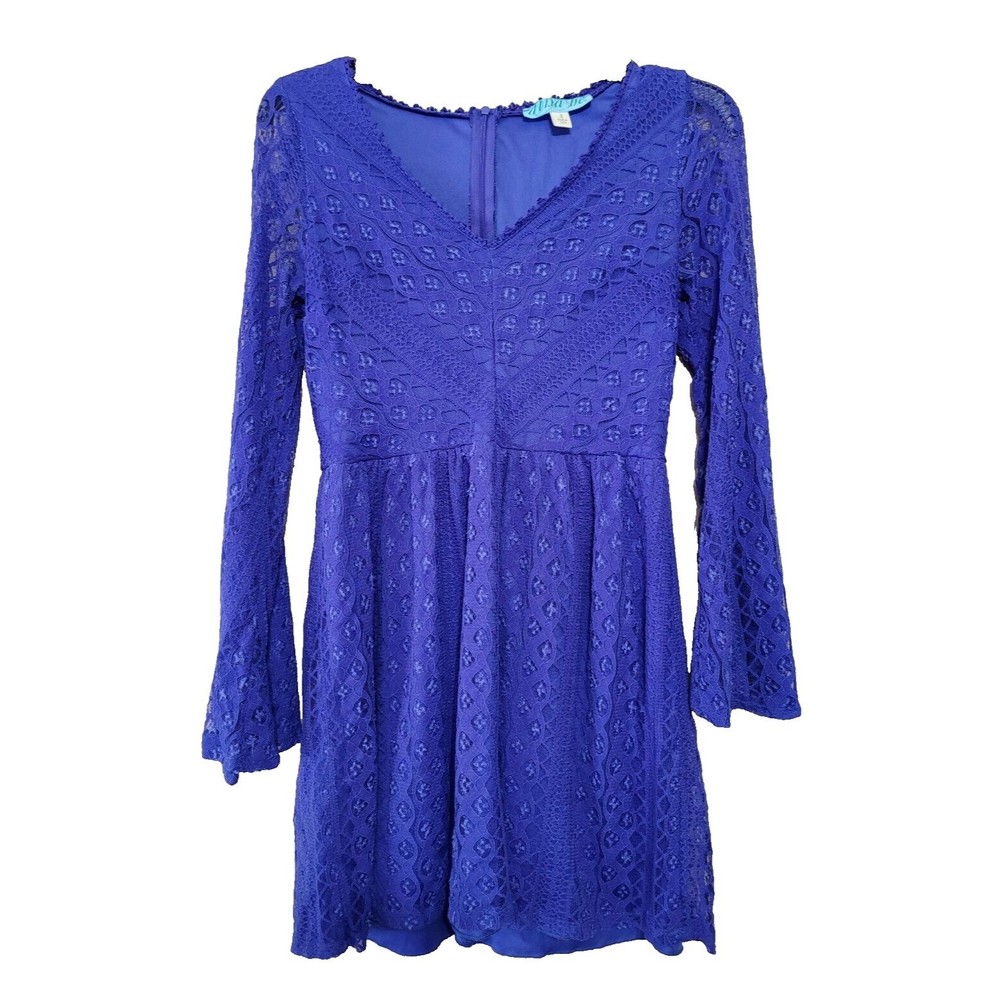 DINA BE LACE DRESS LONG BELL SLEEVE V-NECK‎ BLUE ZIP BACK LINED SMALL Women's